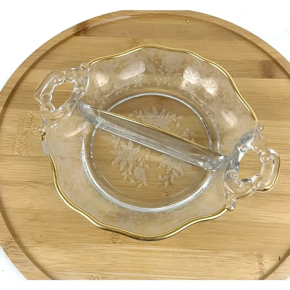 VTG Cambridge‎ Divided Handled Relish Glass Dish Wildflower Clear Gold Trim
